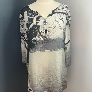 KAY CELINE Black White Scenic Print Tunic Blouse Small Boho Artsy Top